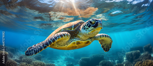 there is an underwater turtle swimming in the water © shirly