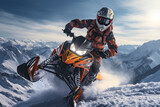 Man riding a snowmobile in the snow, winter races sports, extreme adventure, outdoor activity. AI Generative.