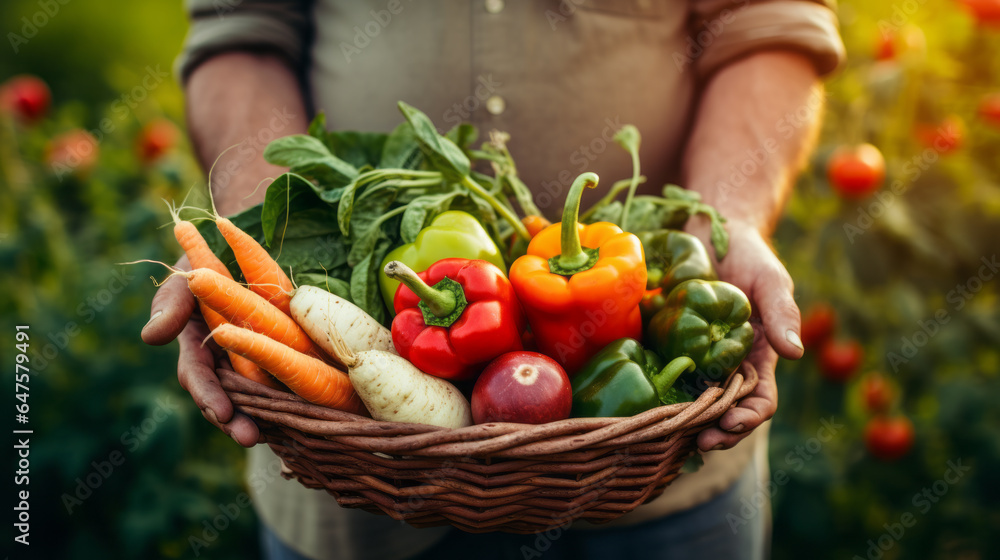 Fototapeta premium Basket with vegetables in the hands of a farmer background of nature Concept of biological, bio products, bio ecology, grown by yourself, vegetarians.
