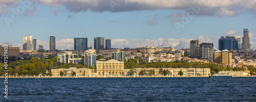 Istanbul, Turkey - 11.09.2023: Panoramic view of Bosphorus and European side of Istanbul. On the background is Dolmabahce palace. Constantinople. Istanbul. Turkey.
