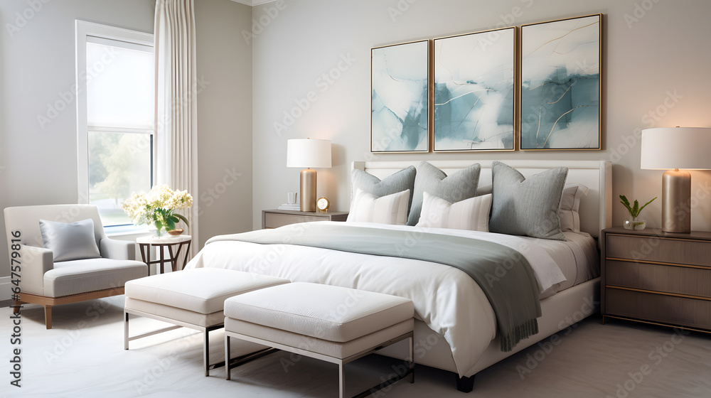 Explore a stylish bedroom retreat in the modern townhouse. The photograph showcases a well-appointed bedroom with contemporary furnishings, soothing colors, and design elements that promote relaxation Explore a stylish bedroom retreat in the modern townhouse. The photograph showcases a well-appointed bedroom with contemporary furnishings, soothing colors, and design elements that promote relaxation