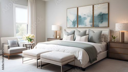 Explore a stylish bedroom retreat in the modern townhouse. The photograph showcases a well-appointed bedroom with contemporary furnishings, soothing colors, and design elements that promote relaxation © CanvasPixelDreams