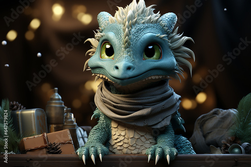 Green dragon in a scarf on a background of gifts. Symbol of the New Year.