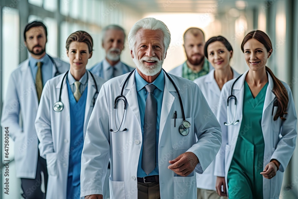 Group of modern doctors standing as a team in hospital corridor