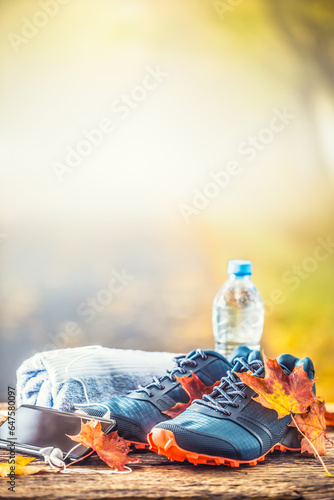 Fototapeta Naklejka Na Ścianę i Meble -  Blue sport shoes and water laid on a wooden board.