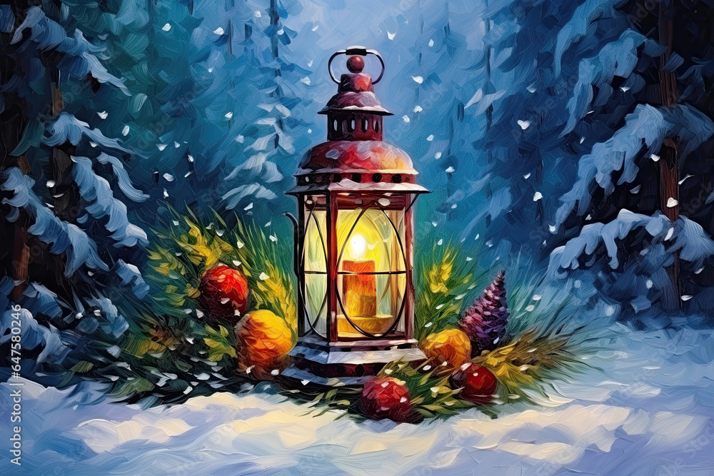 Christmas latern with candle light and holiday decoration