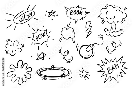 Hand Drawn Explosion, Bomb Element. Cartoon Splash, Exclamation Smoke. Vector Illustration.