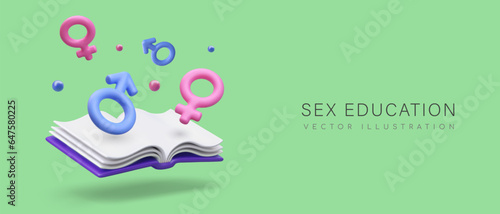 Sexual education. Lessons for boys and girls. Study of anatomy of human body. Sexual reproduction, safe sex. Family planning, contraception. Color poster in positive cartoon style