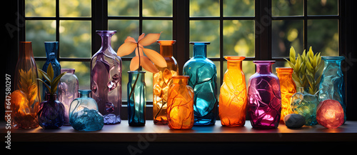 a collection of colorful glass vases and bottles displayed on a window sill