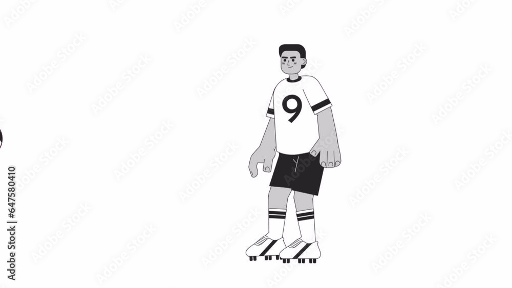 African american player juggling soccer ball bw 2D character animation. Hitting outline cartoon 4K video, alpha channel. Black male soccer player practice animated person isolated on white background African american player juggling soccer ball bw 2D character animation. Hitting outline cartoon 4K video, alpha channel. Black male soccer player practice animated person isolated on white background