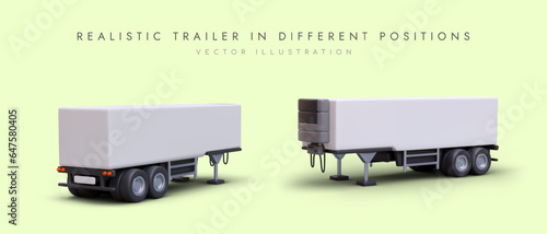 Realistic semi trailer in different positions. Refrigerator to tractor unit. Body with place for logo, text. Vector template for ad perishable products transportation services