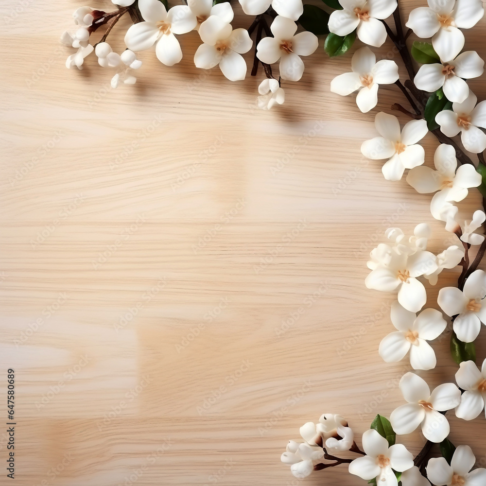 Wood display on natural light creamish background and flower
