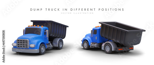 Set of 3D dump trucks in different positions. Vector object, front and back view. Specialized equipment for transportation of soil, bulk building materials. Color illustration with shadows