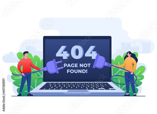 404 error, System error, Broken page, People trying to connect disconnected wires from the outlet, Cable and socket, Page not found concept flat illustration vector template for web design, website