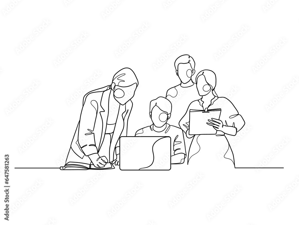 Continuous one line drawing of business people teamwork. Vector illustration.