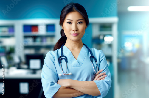 Young asian female doctor in white coat looking at camera while standing in office of modern clinic. Made with AI gereration