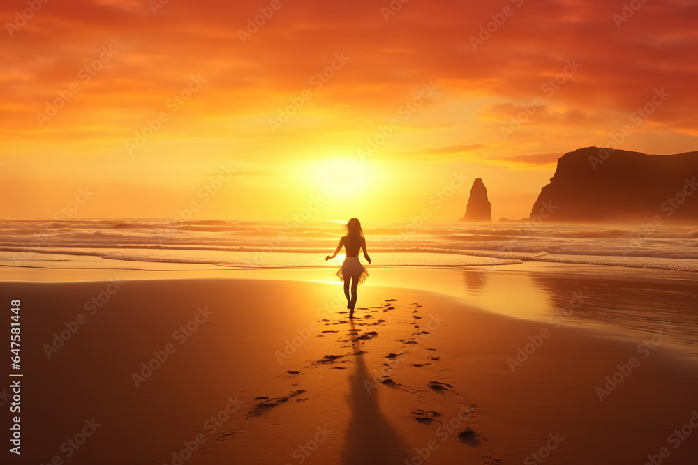Obraz premium woman running on the beach at sunrise