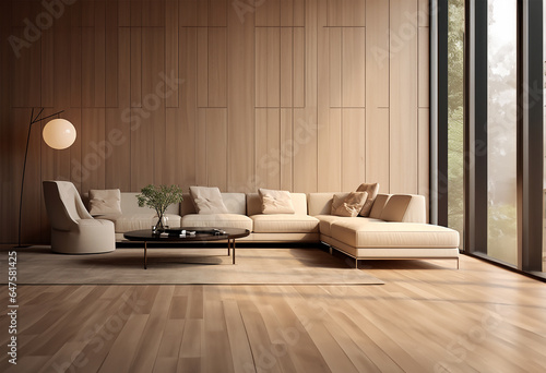 beige corner sofa set against a wooden paneling wall