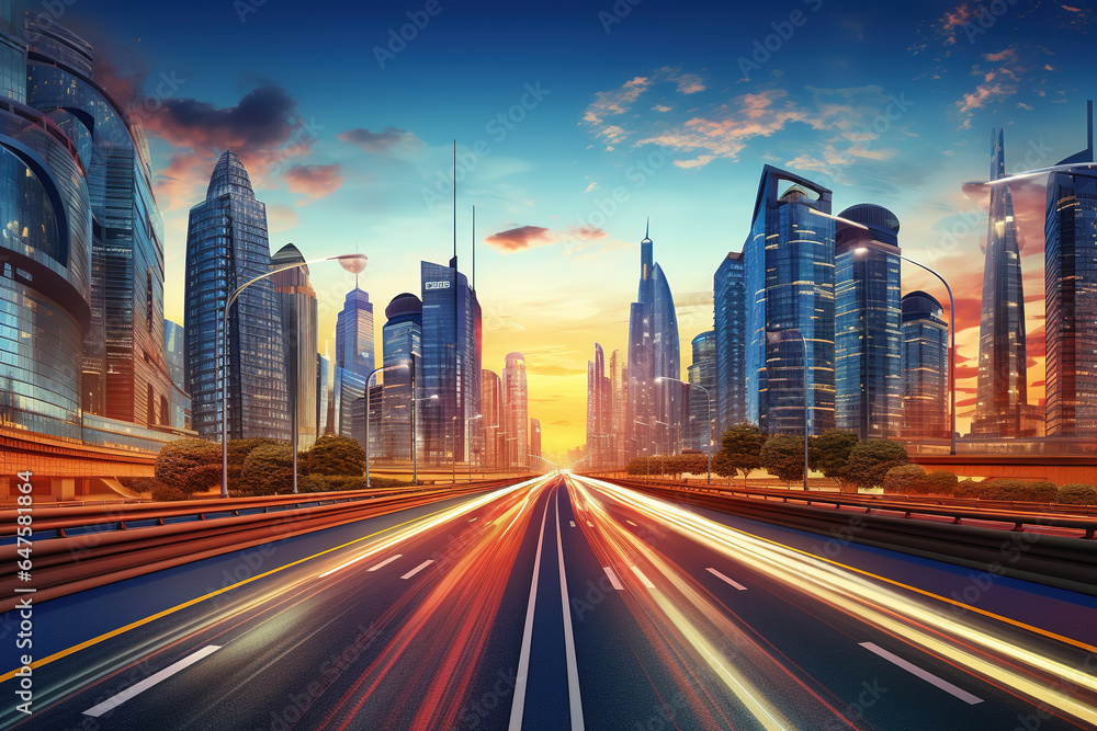 road in city with skyscrapers and car traffic light trails. infrastructure and transportation road in city with skyscrapers and car traffic light trails. infrastructure and transportation