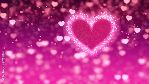 Romantic love bokeh background in pink for Valentine's day or wedding. Decorative heart background. Purple glitter lights background. defocused.
