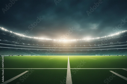 Large football stadium with green grass and lights