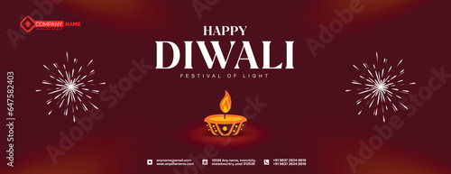 Happy Diwali maroon background with oil lamp and light decoration social media poster or banner vector file