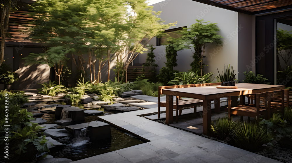 Discover a tranquil courtyard within a modern townhouse complex. The photography captures a serene outdoor space with seating areas, water features, and lush vegetation.