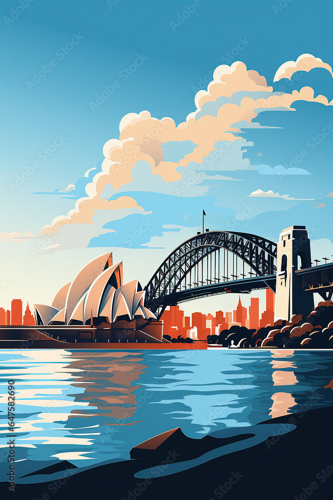 Fototapeta premium Duotone basic pop art vintage style travel poster of the Sydney Opera House and Harbour Bridge with a city highrise background in Australia.