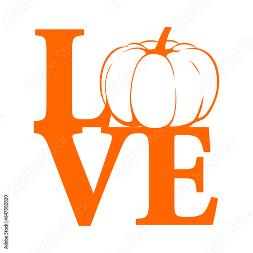 Logo con letras palabra Love con con silueta de calabaza en lugar de letra O para su uso en invitaciones y tarjetas