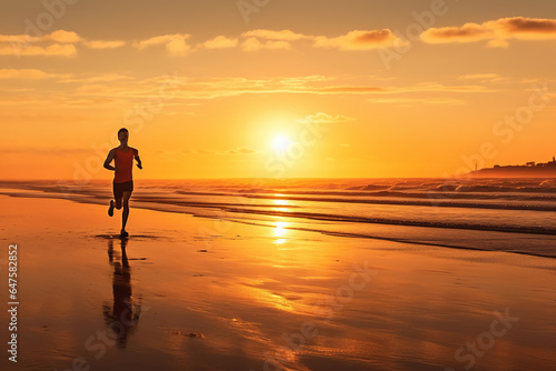 Man running on the beach at sunrise