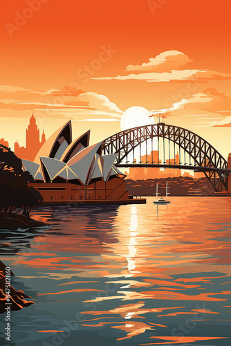 Duotone basic pop art vintage style travel poster of the Sydney Opera House and Harbour Bridge with a city highrise background in Australia.