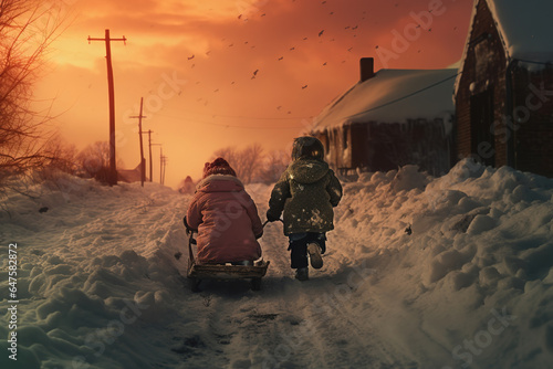 Children funny sled down snowy road © arhendrix