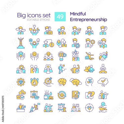 2D editable multicolor big line icons set representing mindful entrepreneurship, isolated vector, linear illustration.