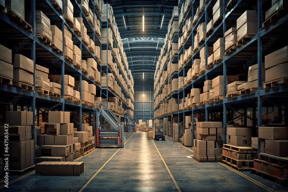 Warehouse Rows of shelves with boxes. Logistics. Inventory control, order fulfillment Warehouse Rows of shelves with boxes. Logistics. Inventory control, order fulfillment