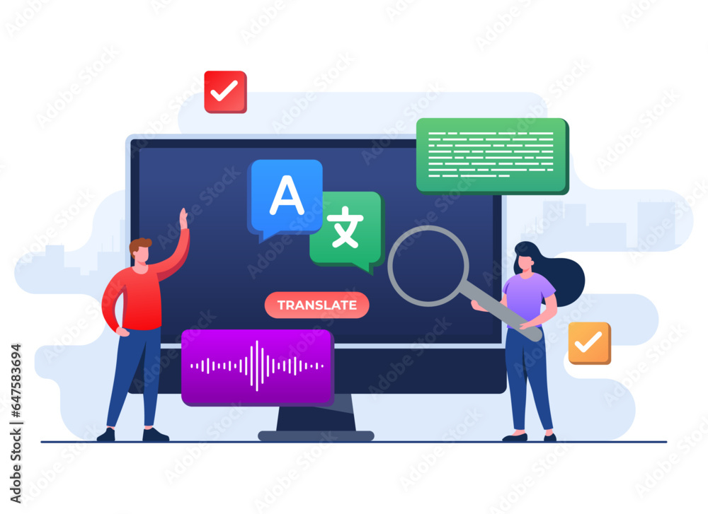 Translation concept flat illustration vector template, Translate languages, Online translator mobile application on tablet, People translating languages Translation concept flat illustration vector template, Translate languages, Online translator mobile application on tablet, People translating languages