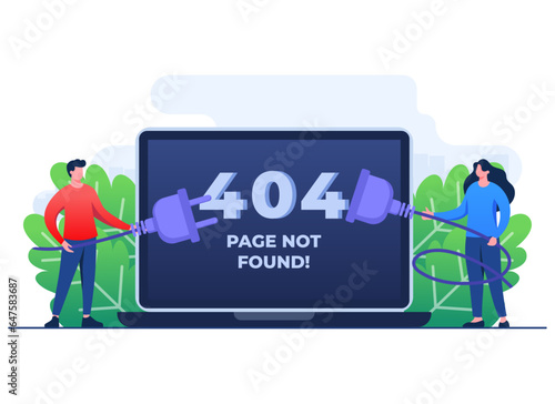 404 error, System error, Broken page, People trying to connect disconnected wires from the outlet, Cable and socket, Page not found concept flat illustration vector template for web design, website