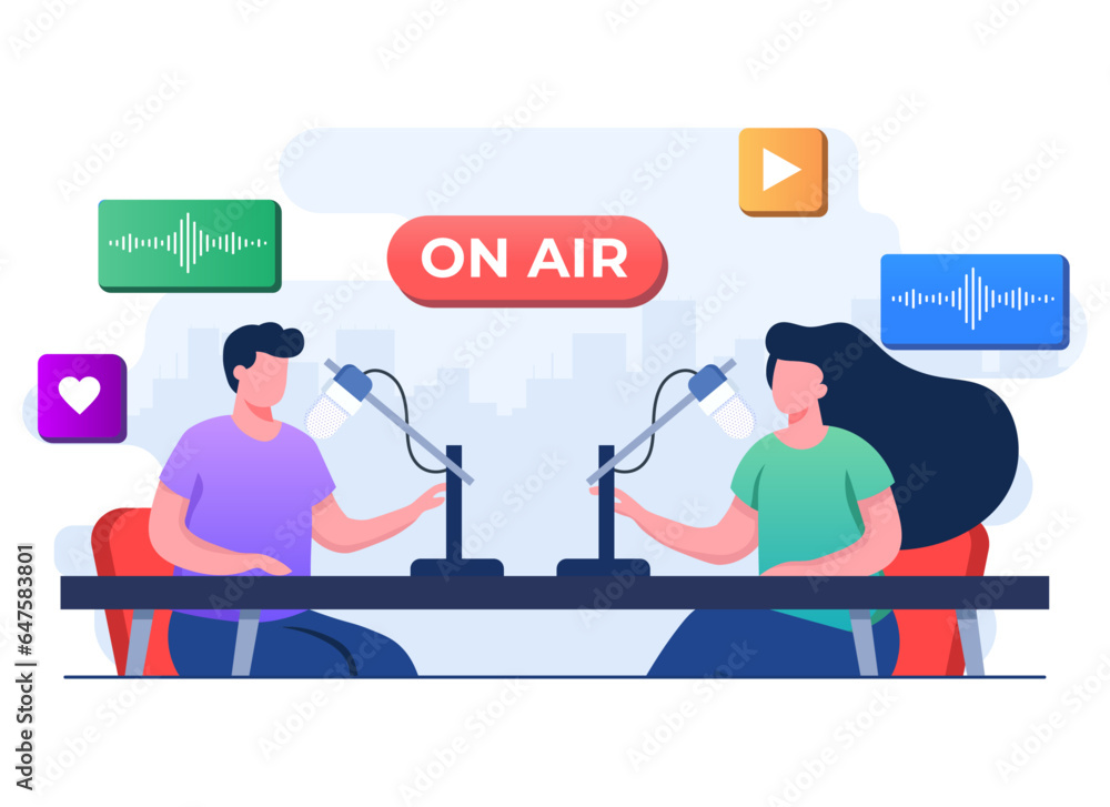 Radio host speaking to the microphone and interviewing a guest, Online video or audio podcast concept flat illustration vector template, Live interview