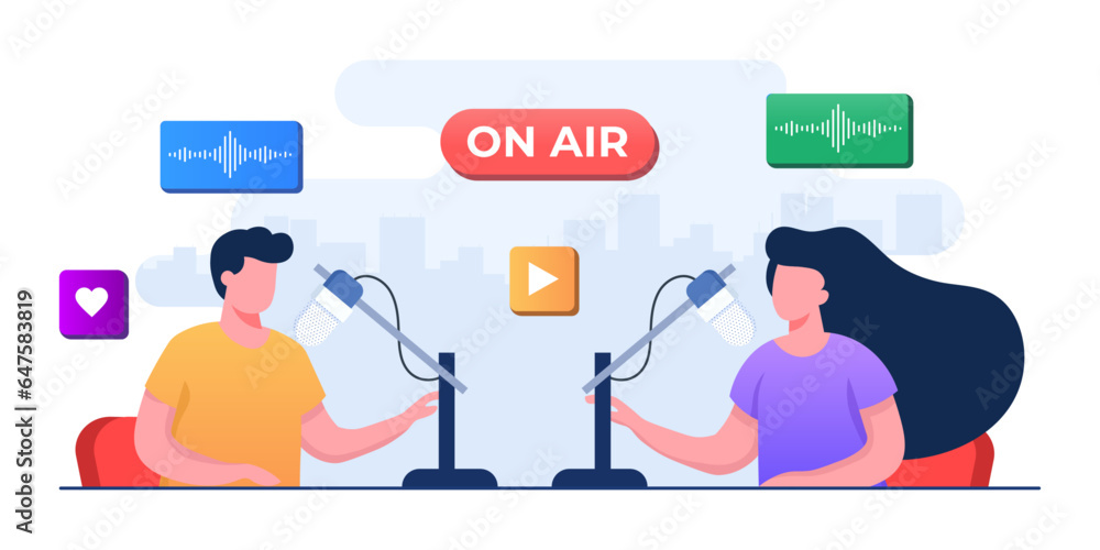 Live broadcast of video or audio podcast on the internet, People talking to microphones and recording podcast, Live online interview concept flat illustration vector template Live broadcast of video or audio podcast on the internet, People talking to microphones and recording podcast, Live online interview concept flat illustration vector template