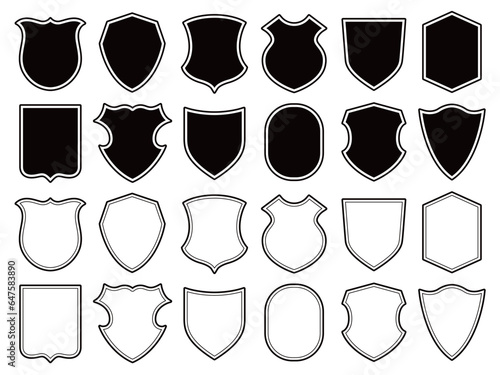 badge patch outline templates. Shield silhouettes shape collection. Vector sport club, military or heraldic shield, coat of arms black icons