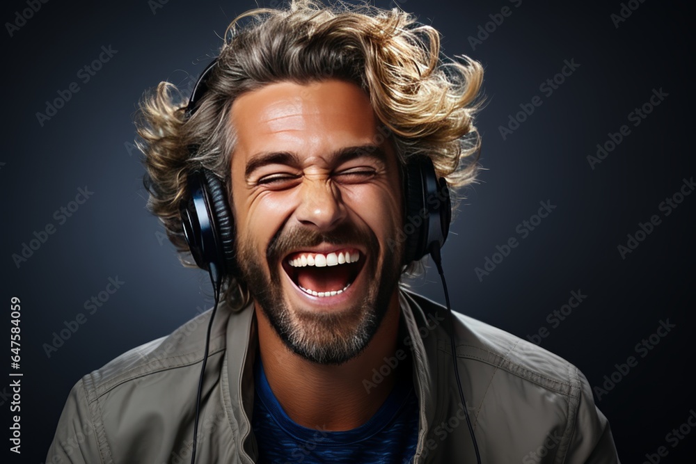 Man with an excited expression enjoying a thrilling audiobook wearing headphones on a gray background, Generative AI Man with an excited expression enjoying a thrilling audiobook wearing headphones on a gray background, Generative AI