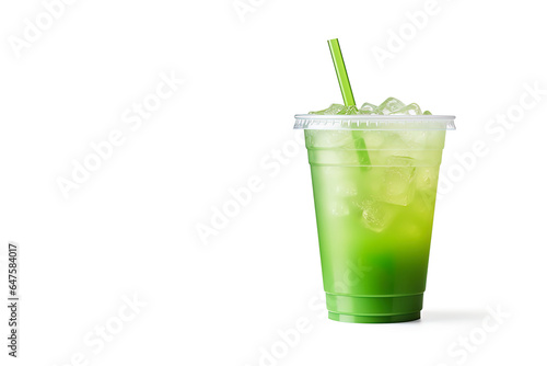Green drink in a plastic cup isolated on a white background. Take away drinks concept with copy space