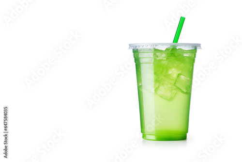 Green drink in a plastic cup isolated on a white background. Take away drinks concept with copy space