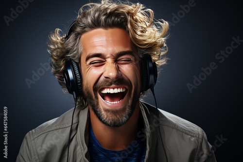 Man with an excited expression enjoying a thrilling audiobook wearing headphones on a gray background, Generative AI  © Shooting Star Std
