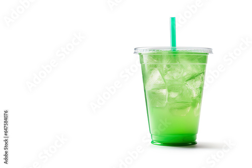 Green drink in a plastic cup isolated on a white background. Take away drinks concept with copy space