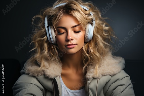 Woman engrossed in a gripping audiobook wearing headphones on a gray background, Generative AI 