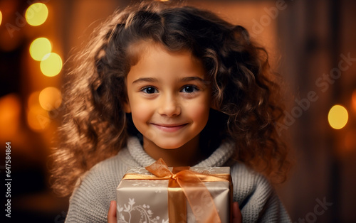 A beautiful little girl in winter clothes is holding a gift package with a bow, received for Christmas. In the blurry background, glitters and colored lights