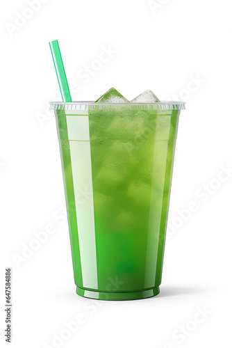 Green drink in a plastic cup isolated on a white background. Take away drinks concept