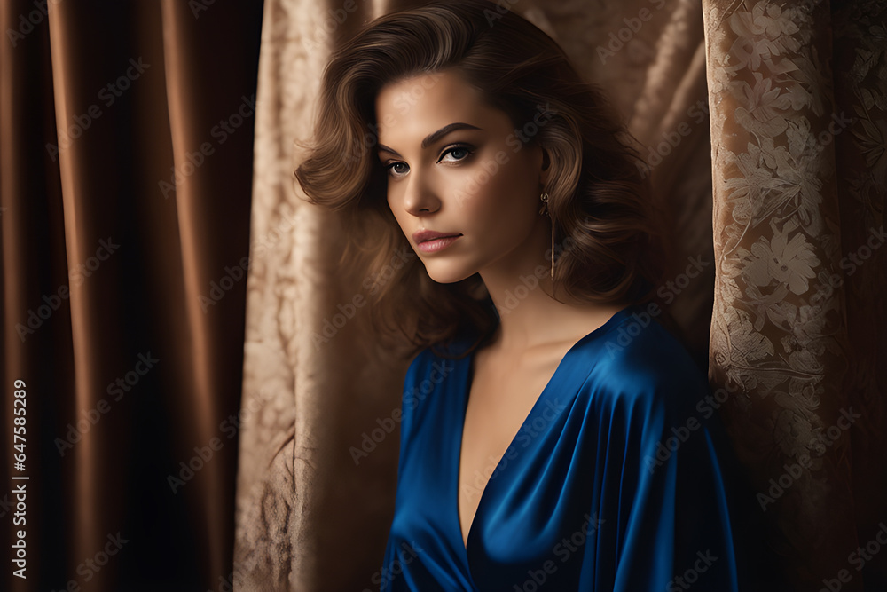Fototapeta premium Portrait of a beautiful young woman with brown hair in blue clothes