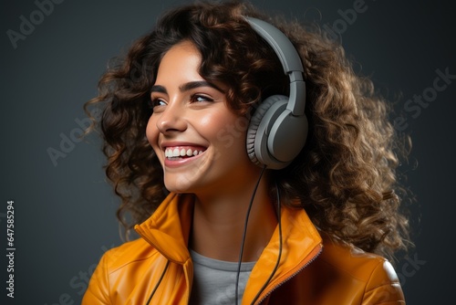 Woman with a warm smile using headphones for a video call with loved ones on a gray background, Generative AI