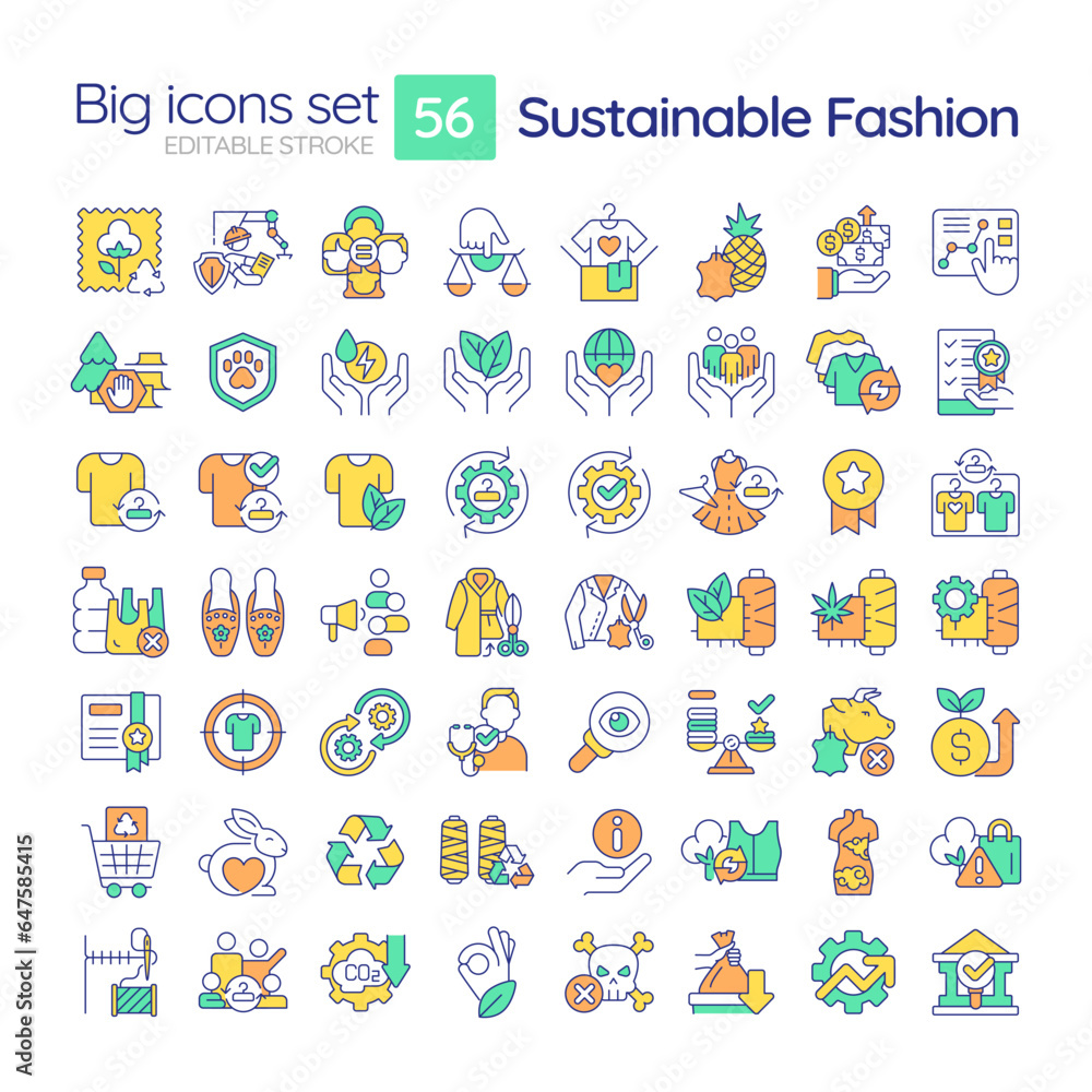 2D editable multicolor big line icons set representing sustainable fashion, isolated vector, linear illustration. 2D editable multicolor big line icons set representing sustainable fashion, isolated vector, linear illustration.